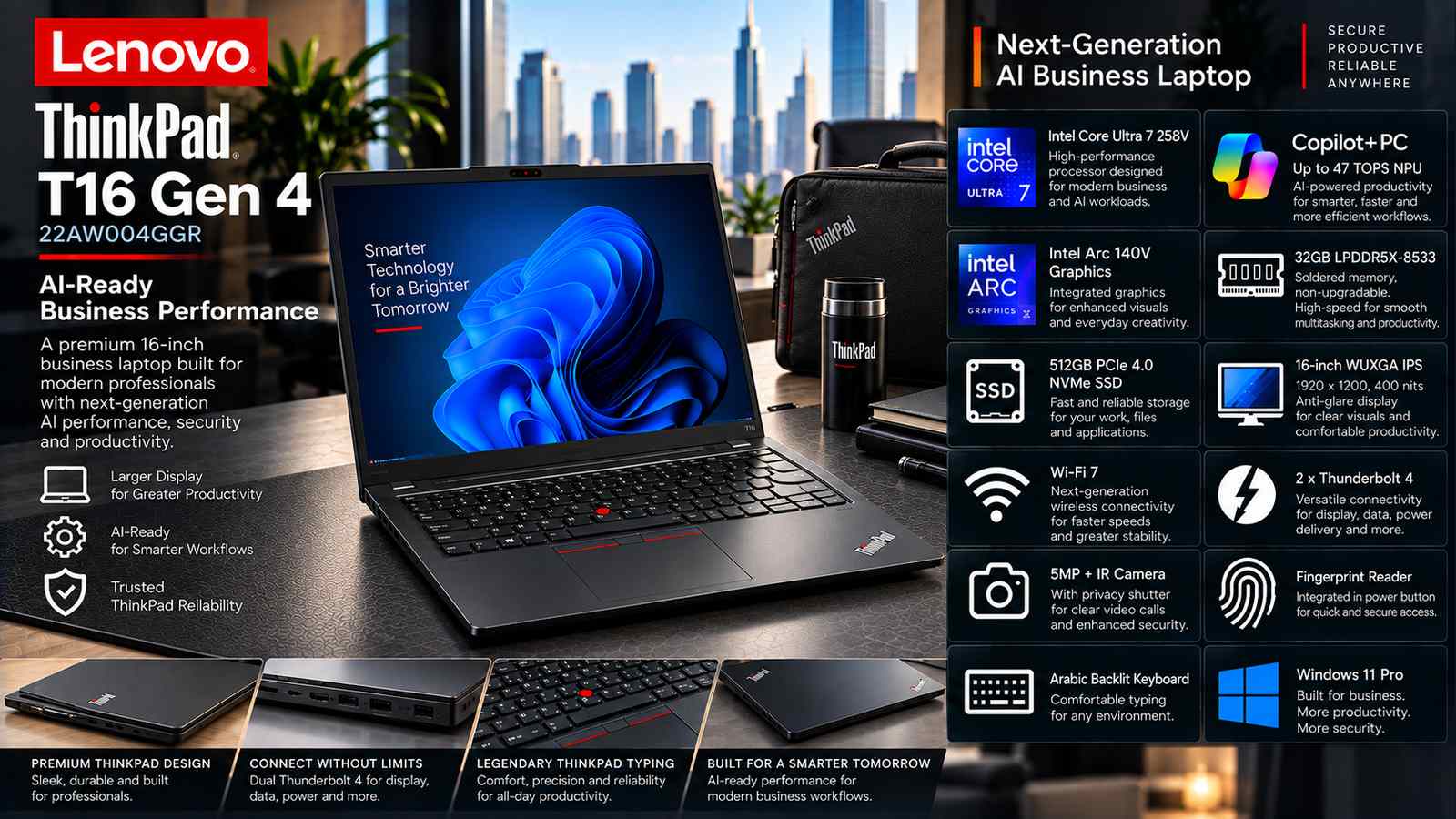 Lenovo ThinkPad T16 Gen 4 22AW004GGR Copilot+ AI Business Laptop, Intel Core Ultra 7 258V, 32GB LPDDR5X-8533, 512GB PCIe 4.0 SSD, Intel Arc 140V, 16-inch WUXGA IPS 400nits, Wi-Fi 7, Windows 11 Pro, Backlit Arabic Keyboard, Black | 22AW004GGR